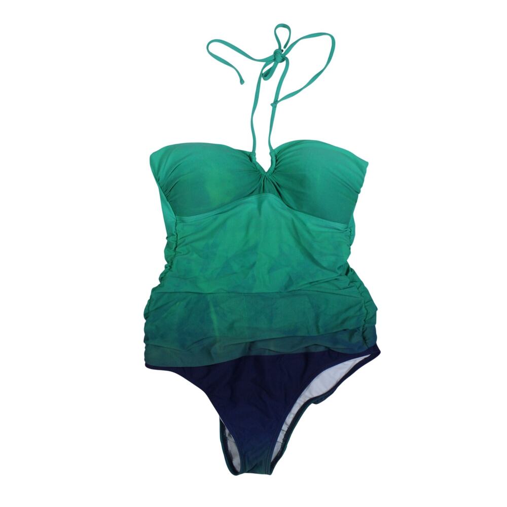 Lauren Ralph Lauren Island Ombre Shirred Bandeau One-Piece Swimsuit teal blue 10